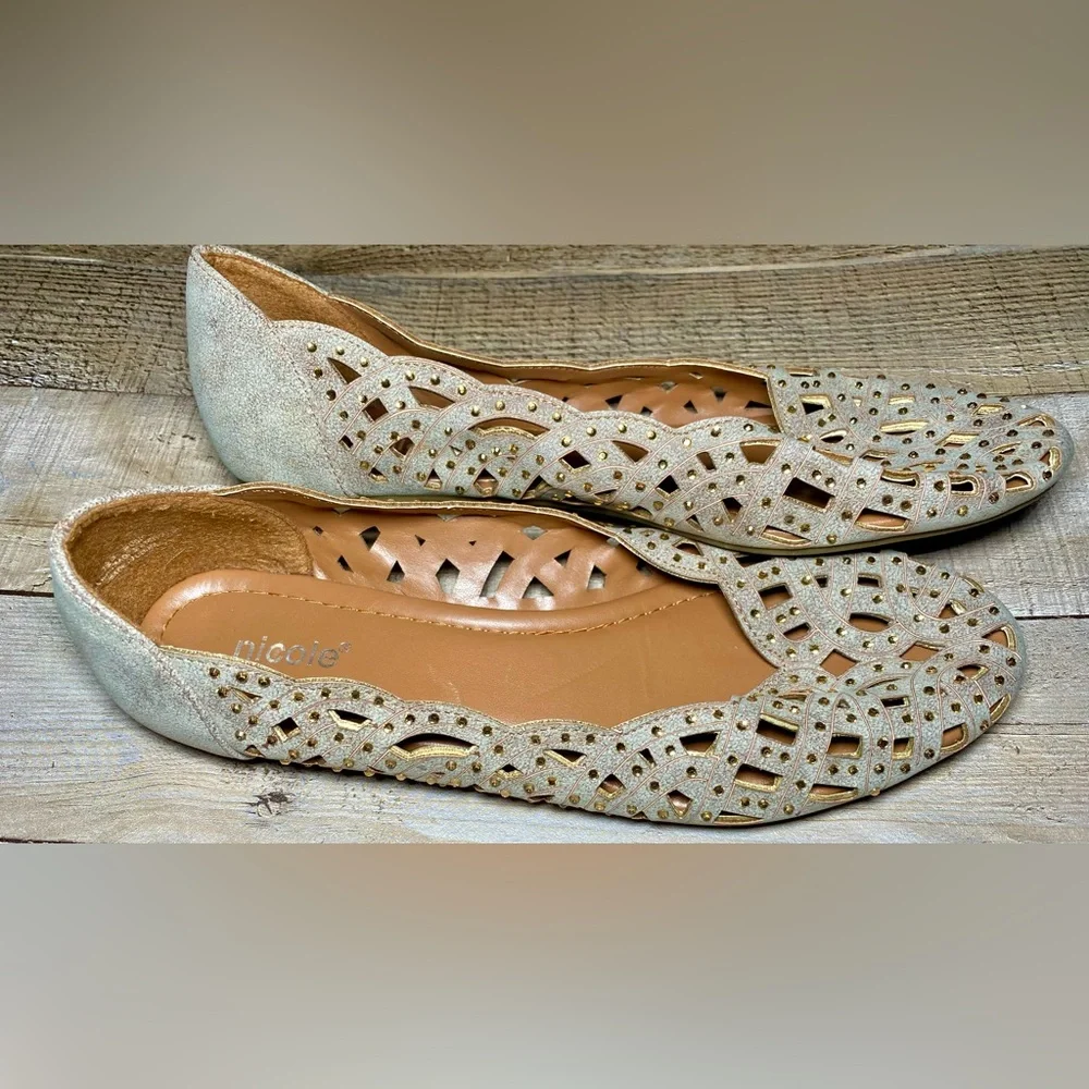 Nicole Women’s Beige Ballerina‎ Gold Lace Studded Flats 7.5